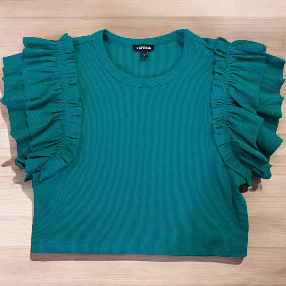 Express Women’s Green Ruffle Short Sleeves Crop Knit Top Size XL